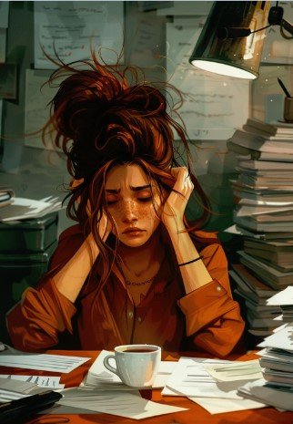 A cartoon image of a woman with messy hair and sleepy eyes sat at a desk with her head in her hands. There is a lamp illuminating her from above, with a mug of coffee and piles of paper on her desk in front of her. There are stacked up papers behind her to the right, and a printer behind her to the left.