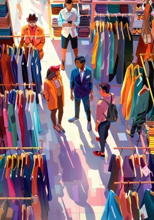 A cartoon image of people browsing in a colourful clothing store from aerial view.