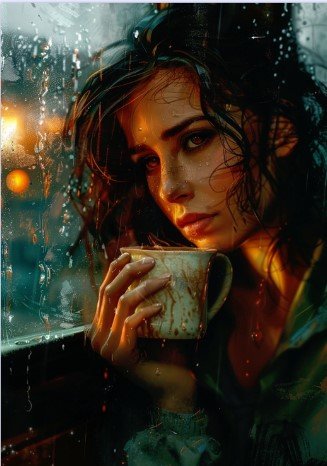 A mood image woman on a train leaning her head against the window, which has rain falling down it. Her face is partially shadowed by her hair. She sips her coffee, the drips falling around the cup blending in with the rain. She is looking ahead thoughtfully with sadness in her eyes.