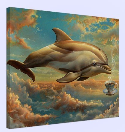 An image of a canvas presenting a dolphin flying in amongst the clous with a cup and saucer filled with steaming hot coffee in front of them.