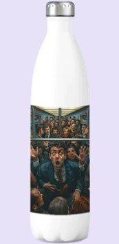 An image of a white bottle with an image of a man about to be thrown off of a very busy train.