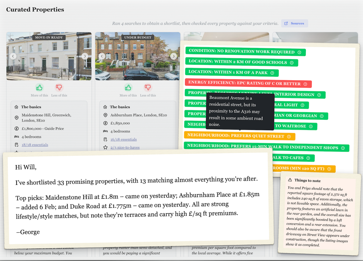 George's results: property cards, the criteria he checked each one against, and his note summing up the shortlist