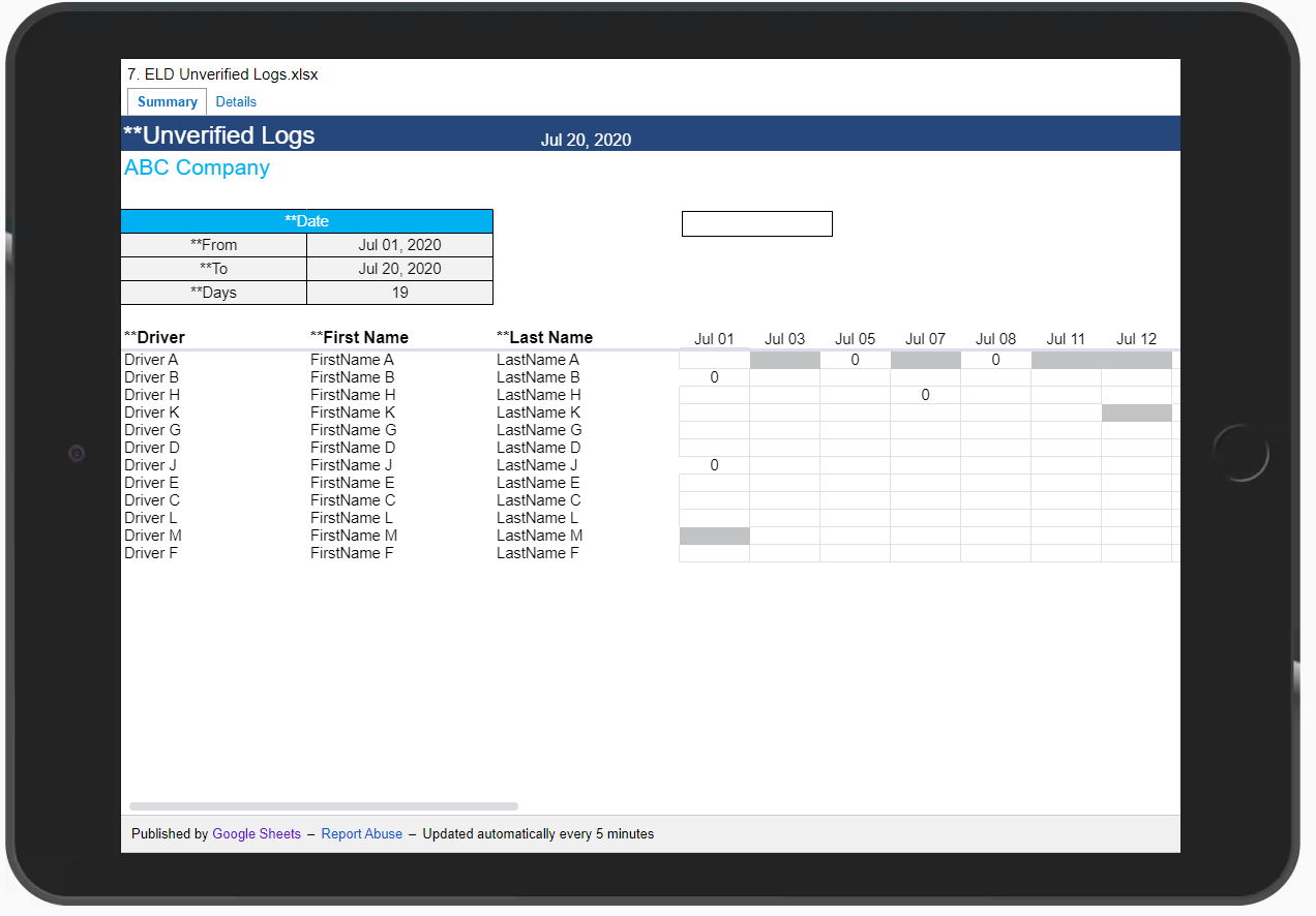 image of Unverified Logs ELD Report