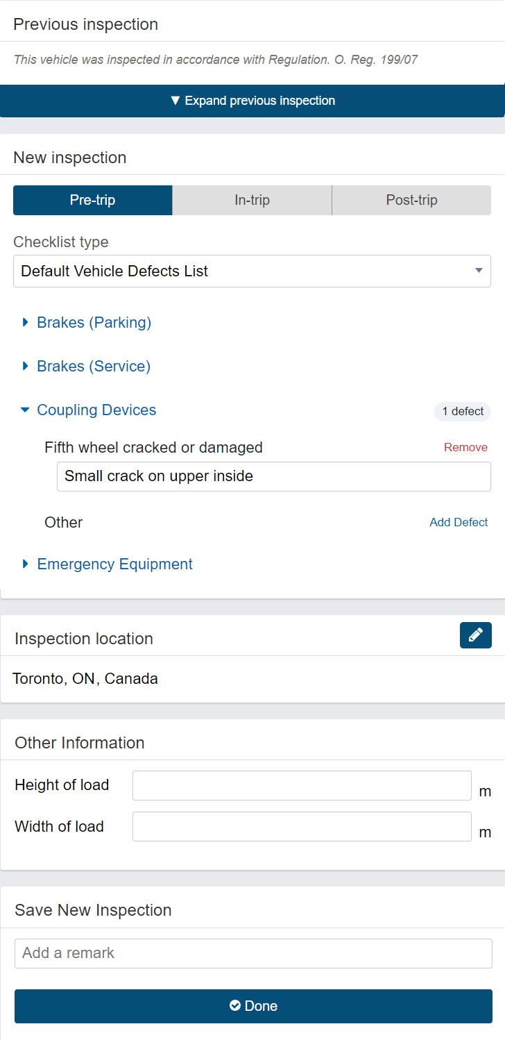 New inspection dialog The list of defects can be configured by your organization. Note that you may see different inspection items than are shown in this sample screenshot.