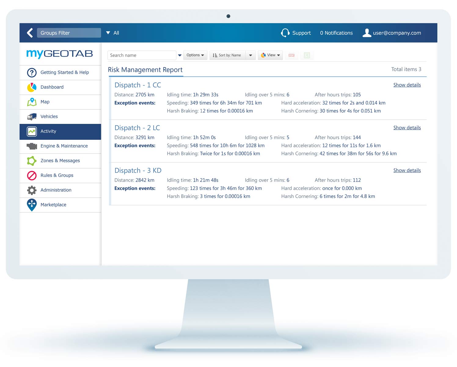 Risk management report in MyGeotab Risk management report in MyGeotab UI on a desktop computer monitor