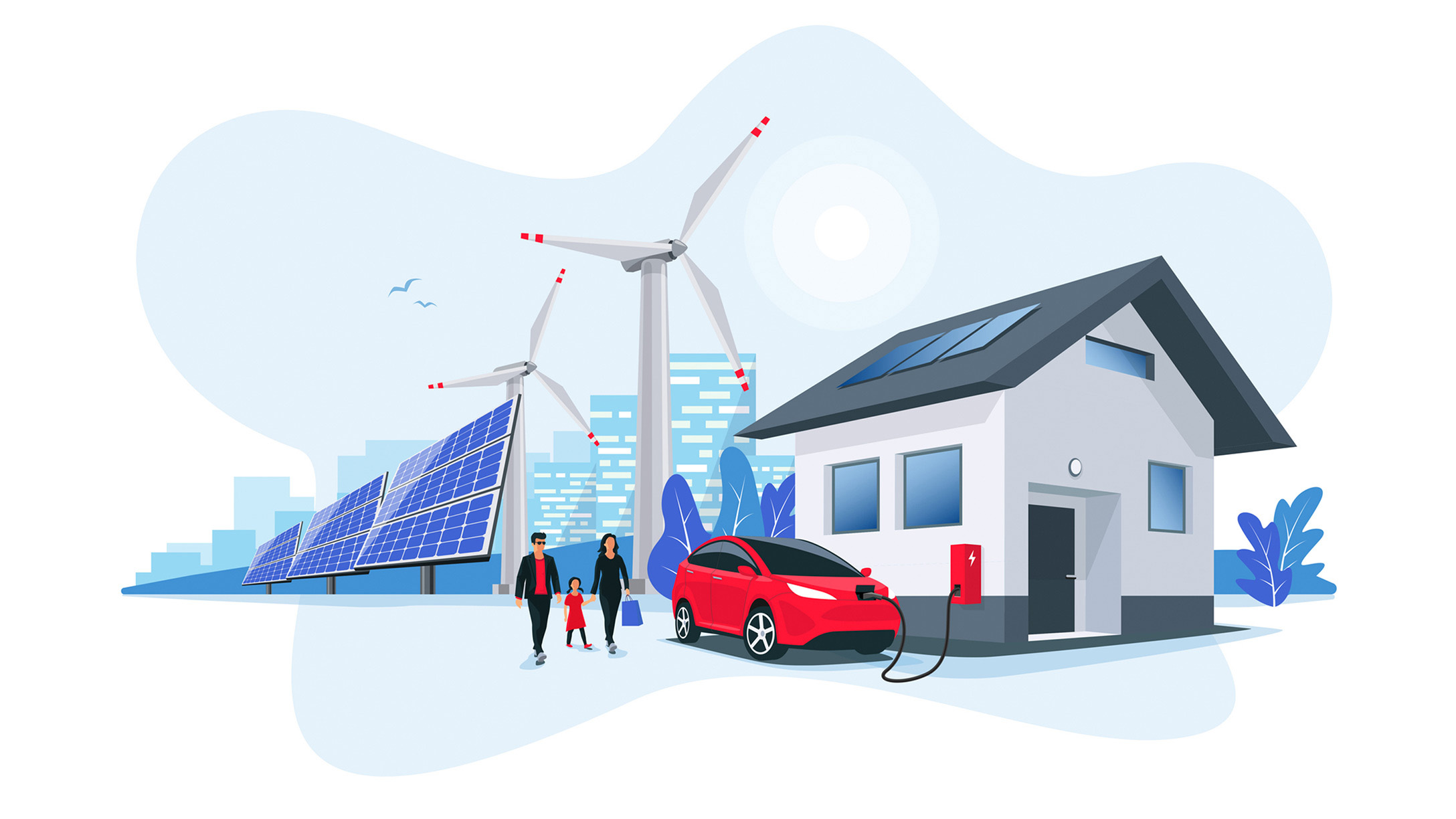 Illustration of an electric car in front of a white house