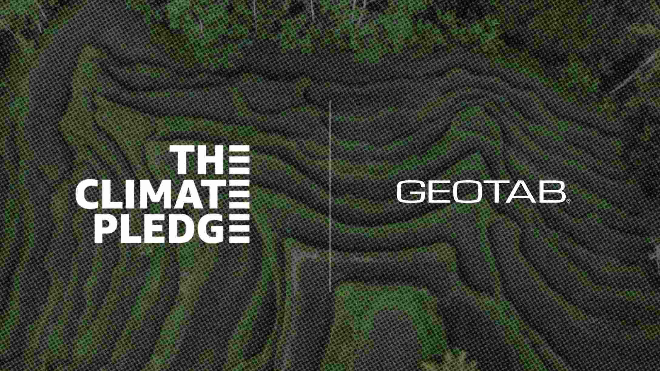 Imagen de fondo de montañas verdes, con el logo de The Clomate Pledge, y de Geotab
