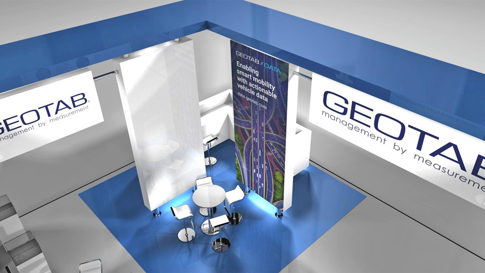 3D mockup of the Geotab booth at UK Commercial Vehicle Show