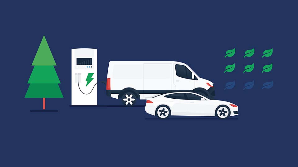 Illustration of a white van and a white passenger vehicle charging on blue background