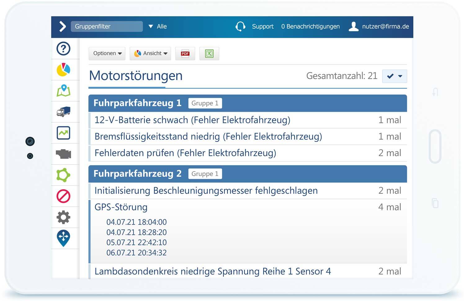 Dashboard mit MyGeotab-Fehlerdaten auf Tablet