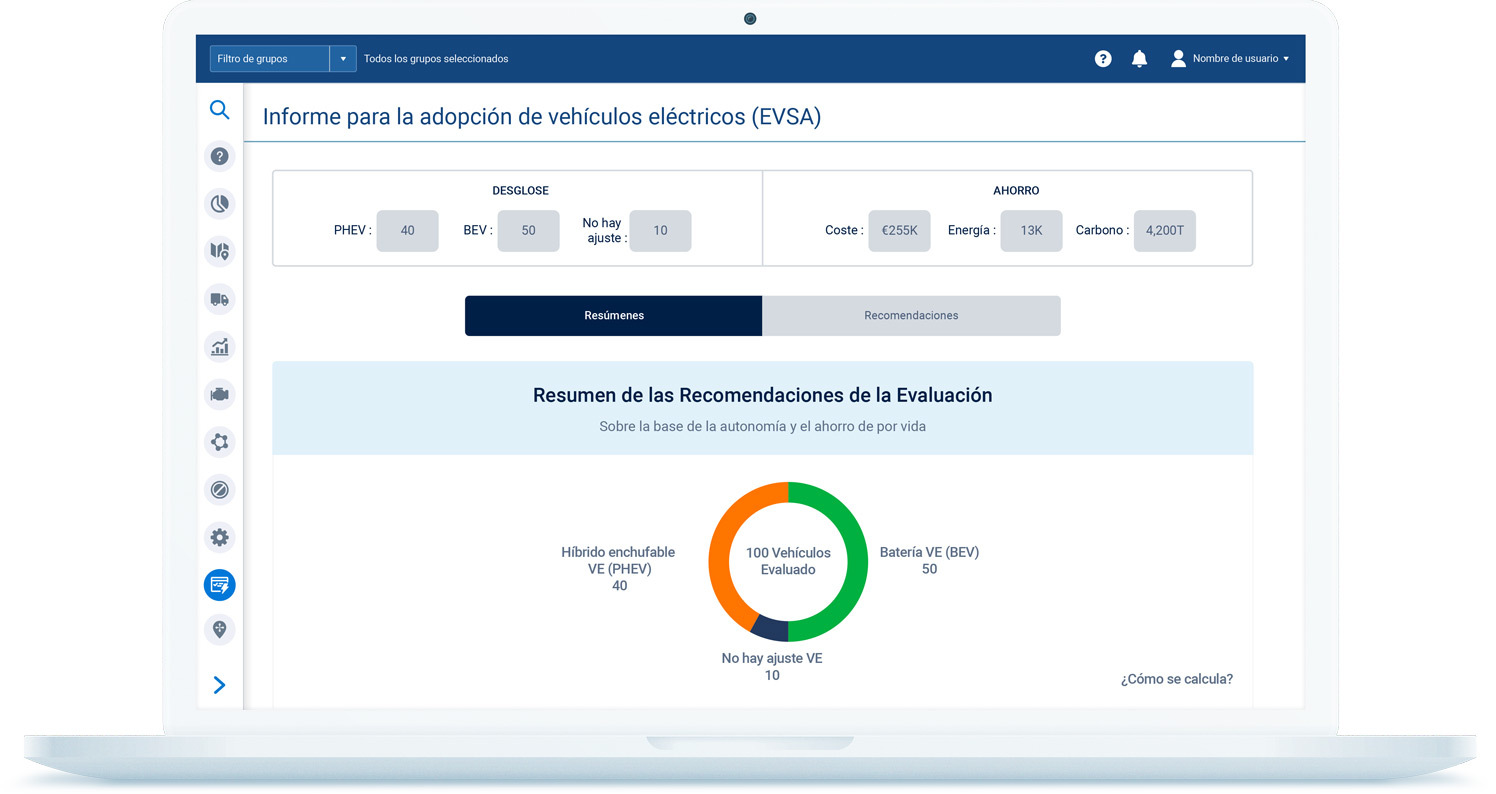 Captura de pantalla MyGeotab que muestra los vehículos en un mapa en tiempo real y su estado de carga correspondiente.