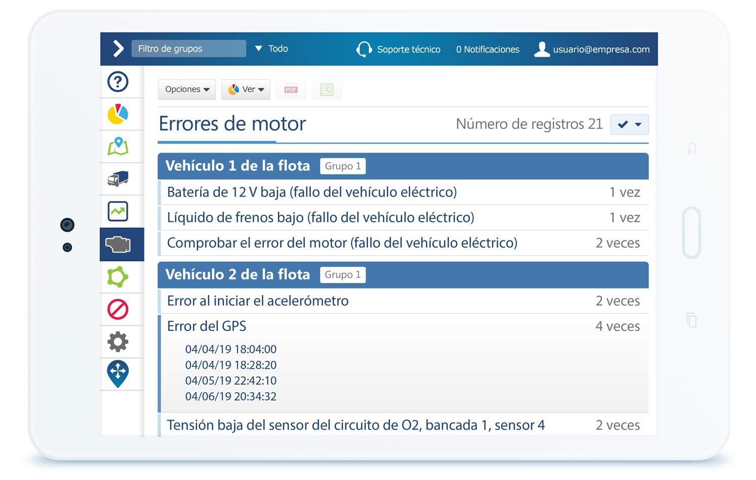Smartphone blanco mostrando una tarjeta de puntos de seguridad del conductor de MyGeotab y el kilometraje semanal de la flota con una notificación por correo electrónico que sale de la pantalla e indica que se ha producido un evento de frenado brusco