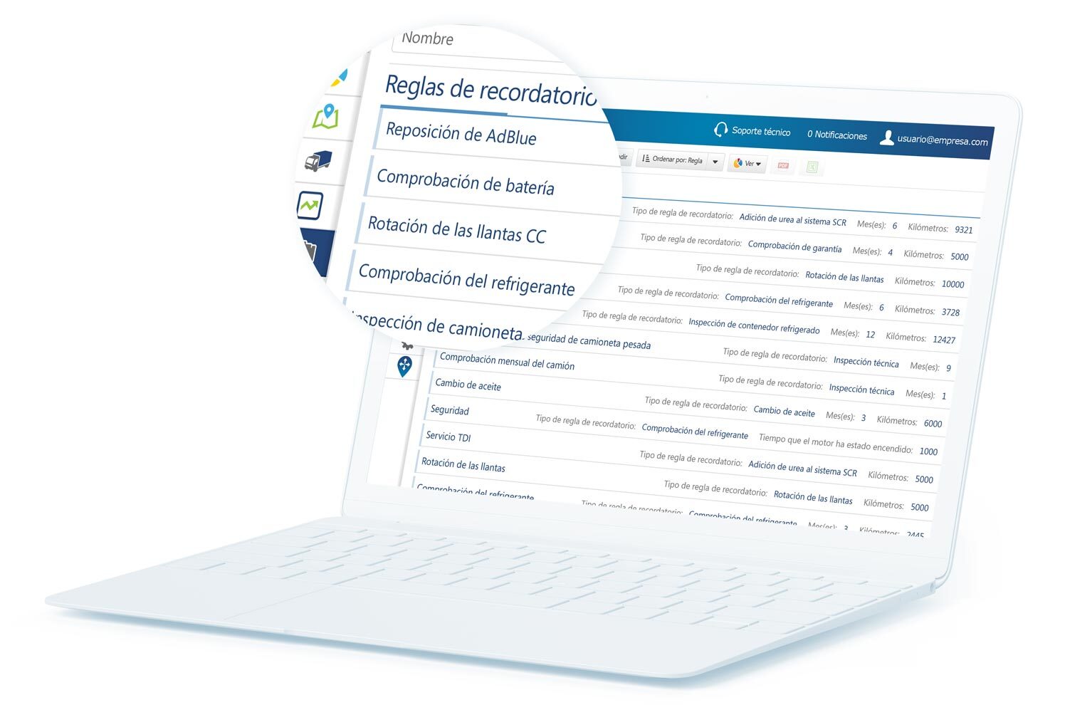Reglas de recordatorio de mantenimiento de MyGeotab mostradas en un portátil blanco con un globo que amplía parte del contenido