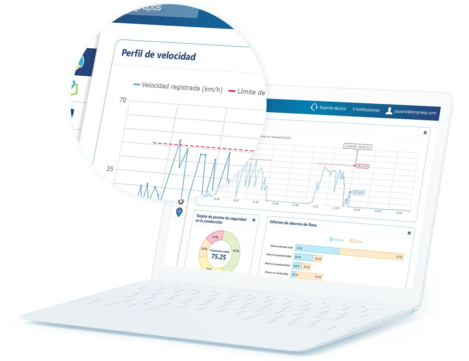 Informe de perfil de velocidad en la interfaz de usuario de MyGeotab en un portátil blanco