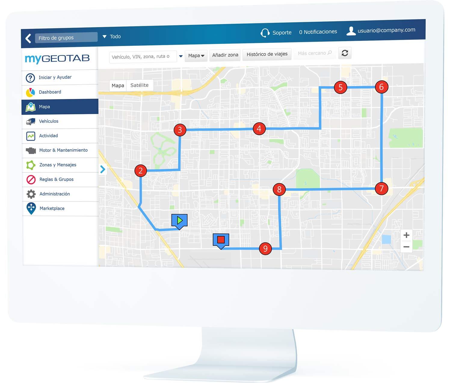 Rutas y paradas planificadas mostradas en la interfaz de usuario de MyGeotab