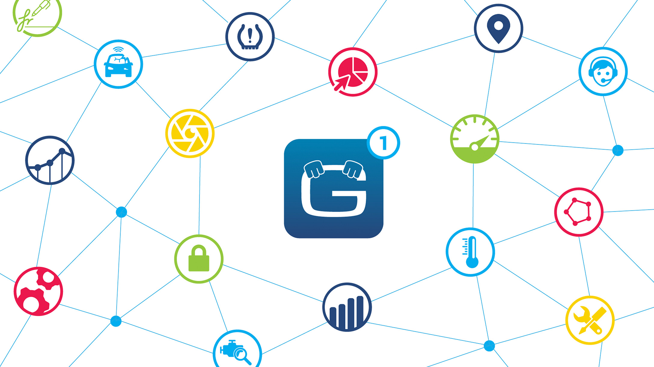 Geotab logo with hand on steering wheel, and functions logos
