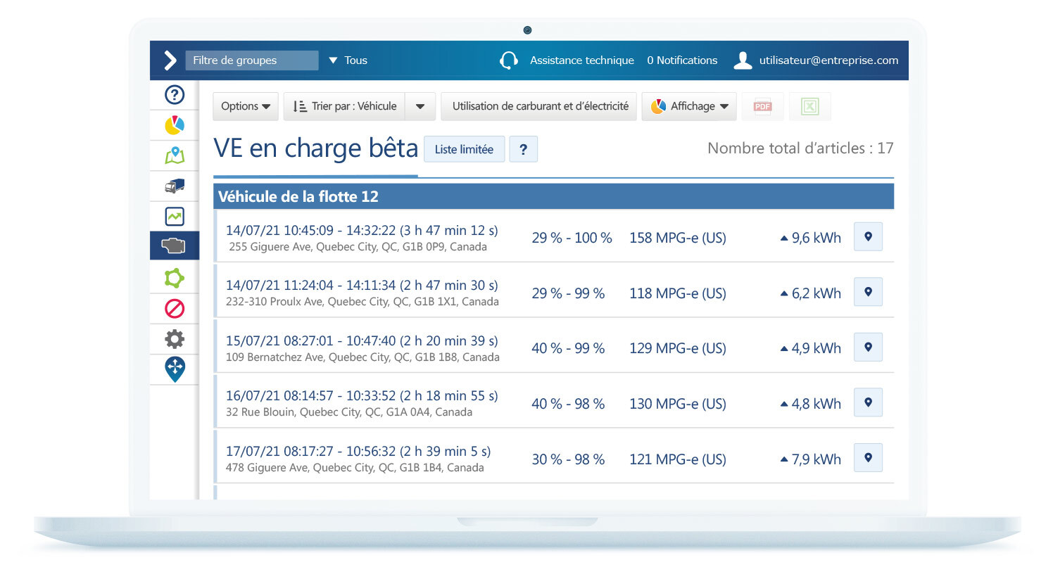 Rapport de charge EV dans MyGeotab Rapport de charge EV sur l'interface MyGeotab