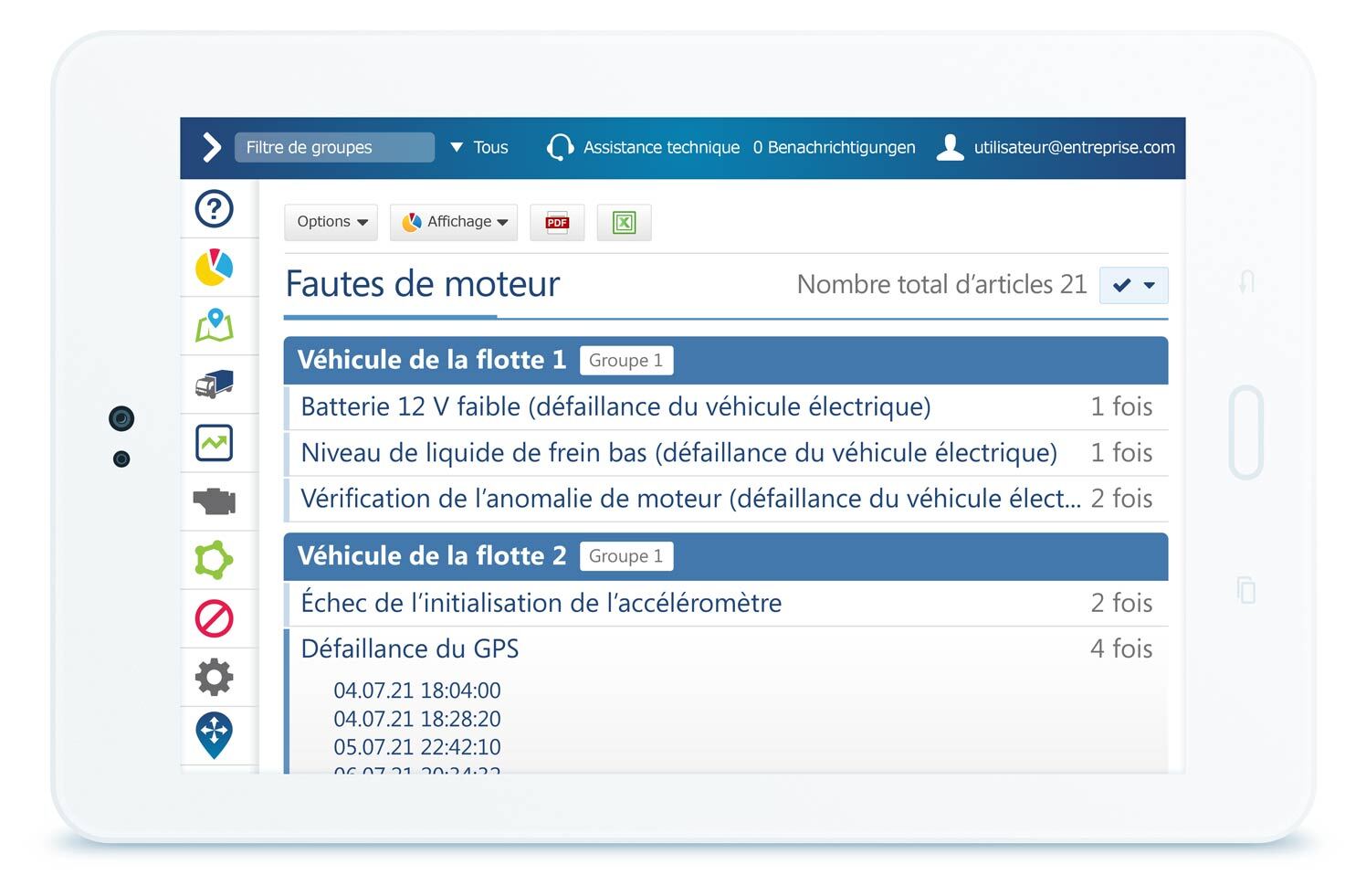 Tablette affichant le tableau de bord des fautes de moteur MyGeotab
