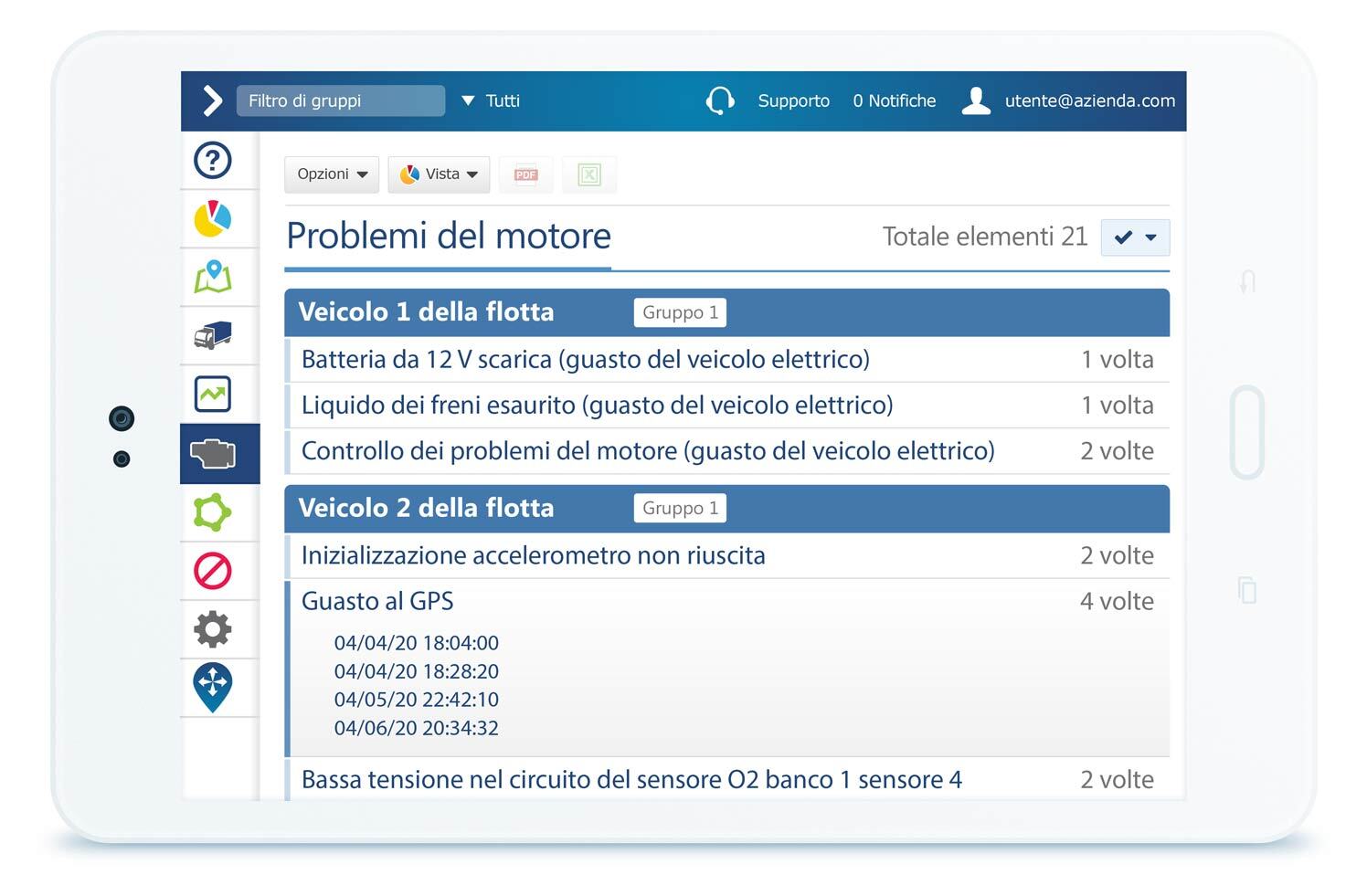 Tablet displaying MyGeotab engine faults dashboard