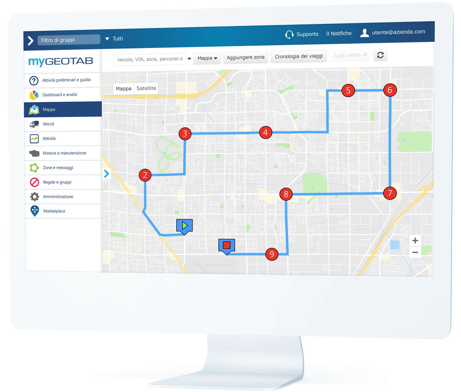 Planned routes and waypoints displayed on MyGeotab UI