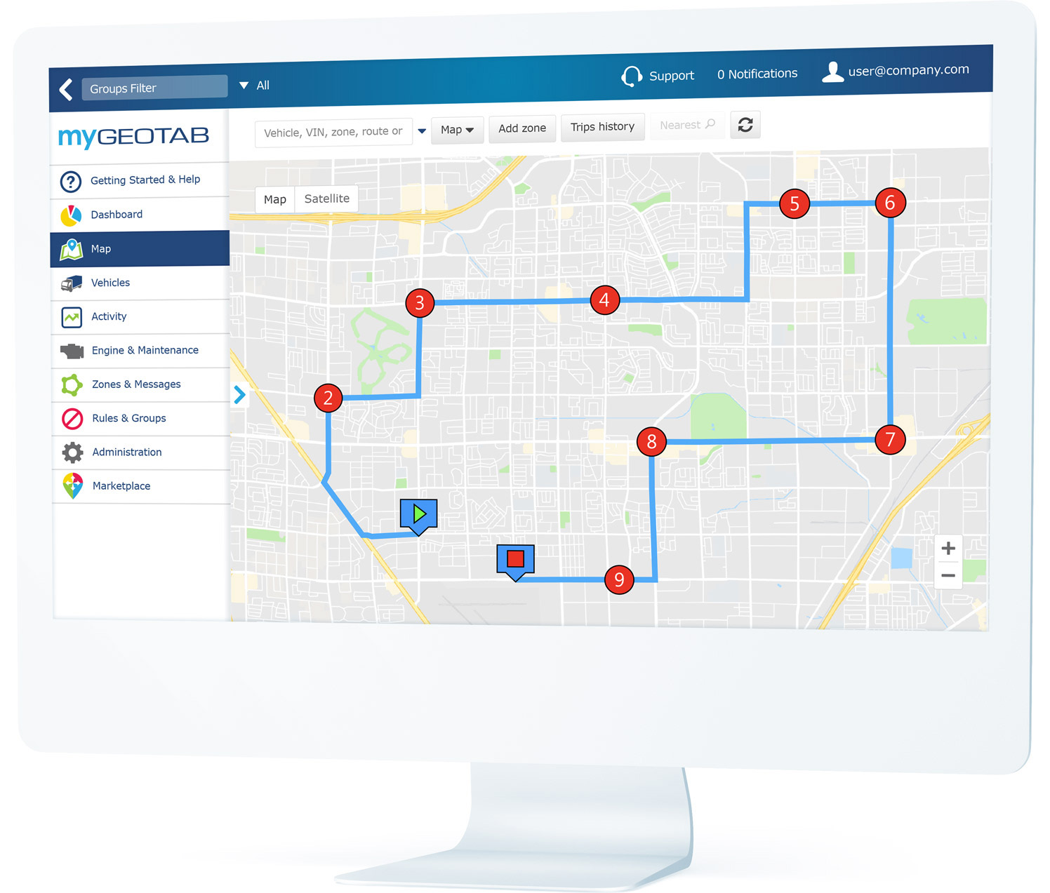 MyGeotab UI上显示的计划路线和航路点