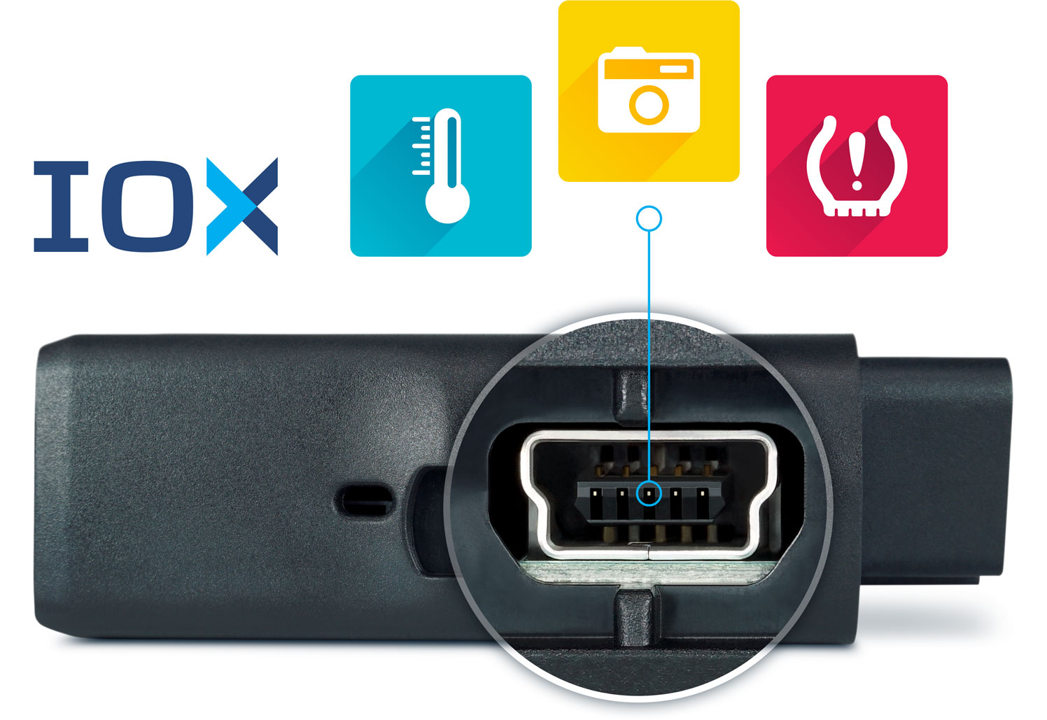 A closeup view of the IOX port on the side of the Geotab GO device, surrounding by Marketplace partner icons
