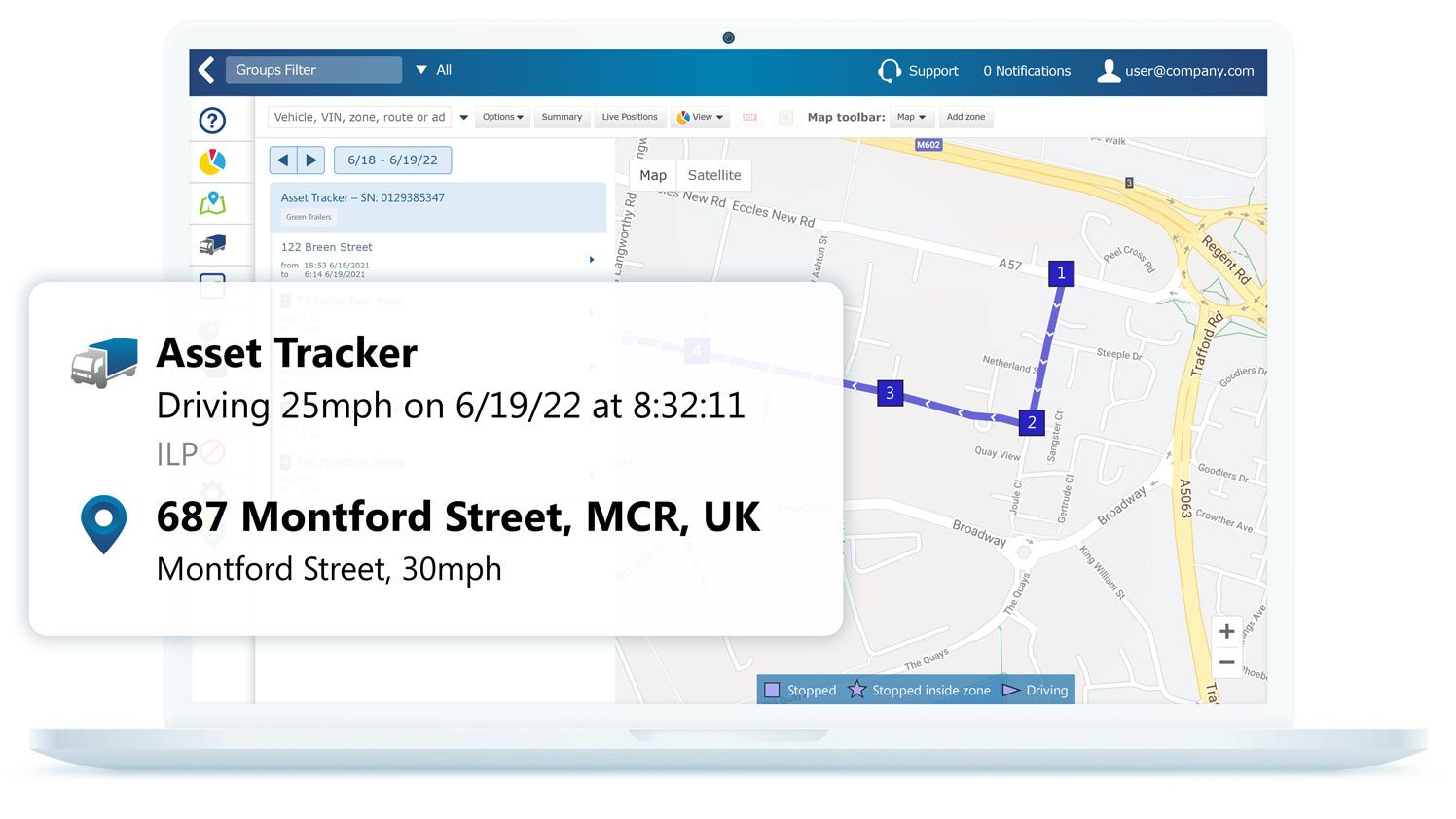Asset tracking in MyGeotab Asset tracking information on MyGeotab interface