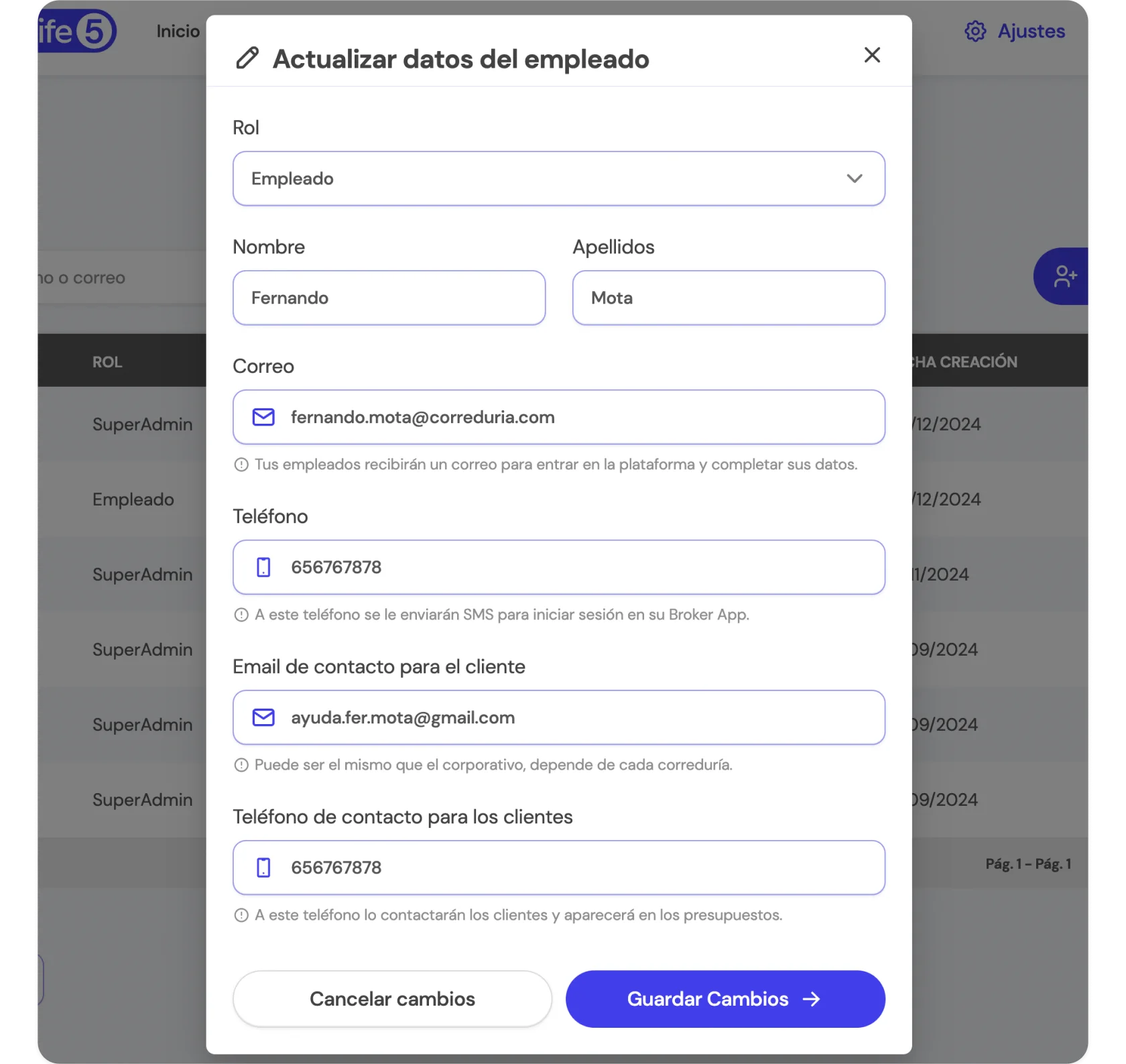 Opciones para editar y actualizar los datos de un empleado en la BrokerApp de Life5.