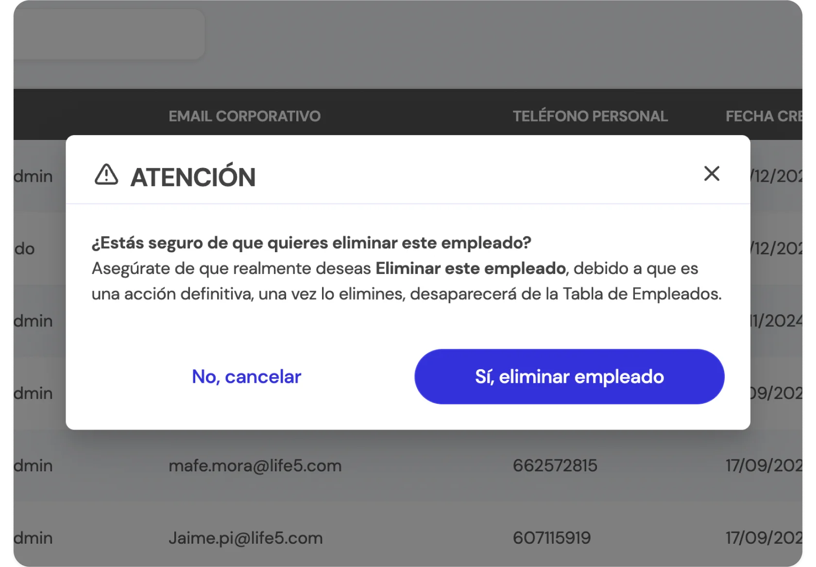 Opción para eliminar un empleado del equipo en la BrokerApp de Life5.