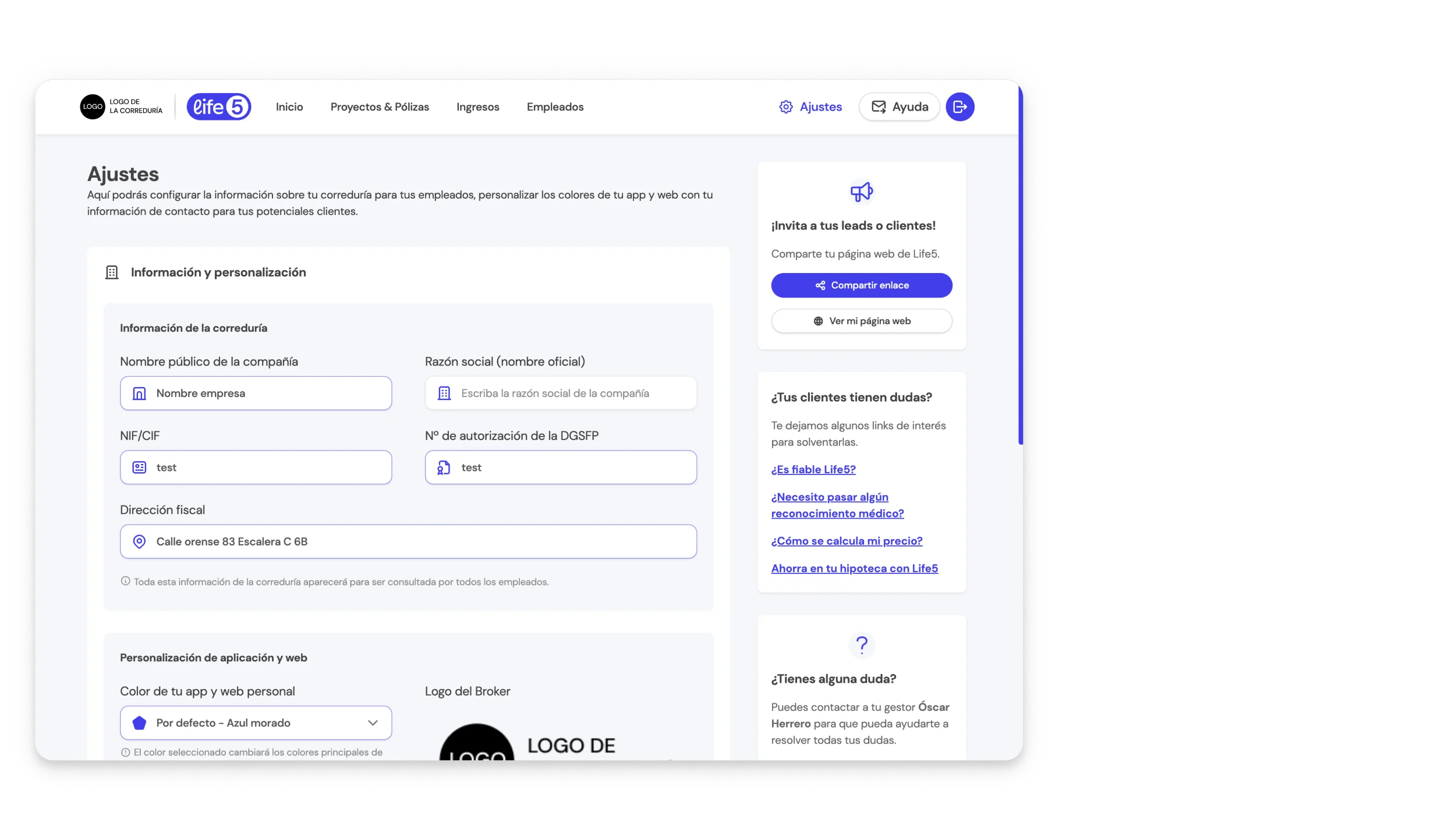 Opciones de configuración para SuperAdmin en la BrokerApp de Life5, incluyendo información de la correduría y personalización de la aplicación.
