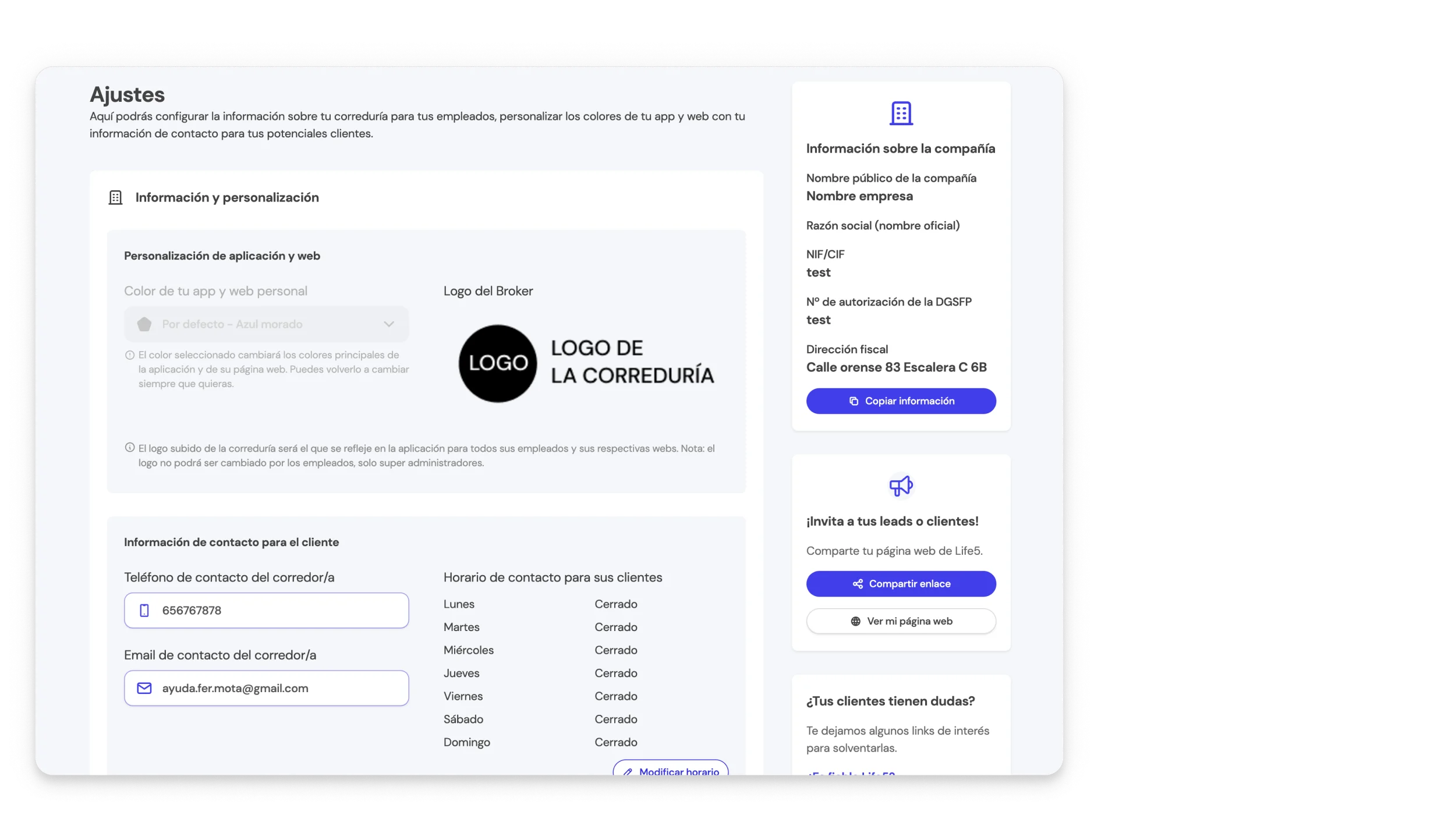 Opciones de configuración disponibles para el perfil de Empleado en la sección de Ajustes de la BrokerApp de Life5.