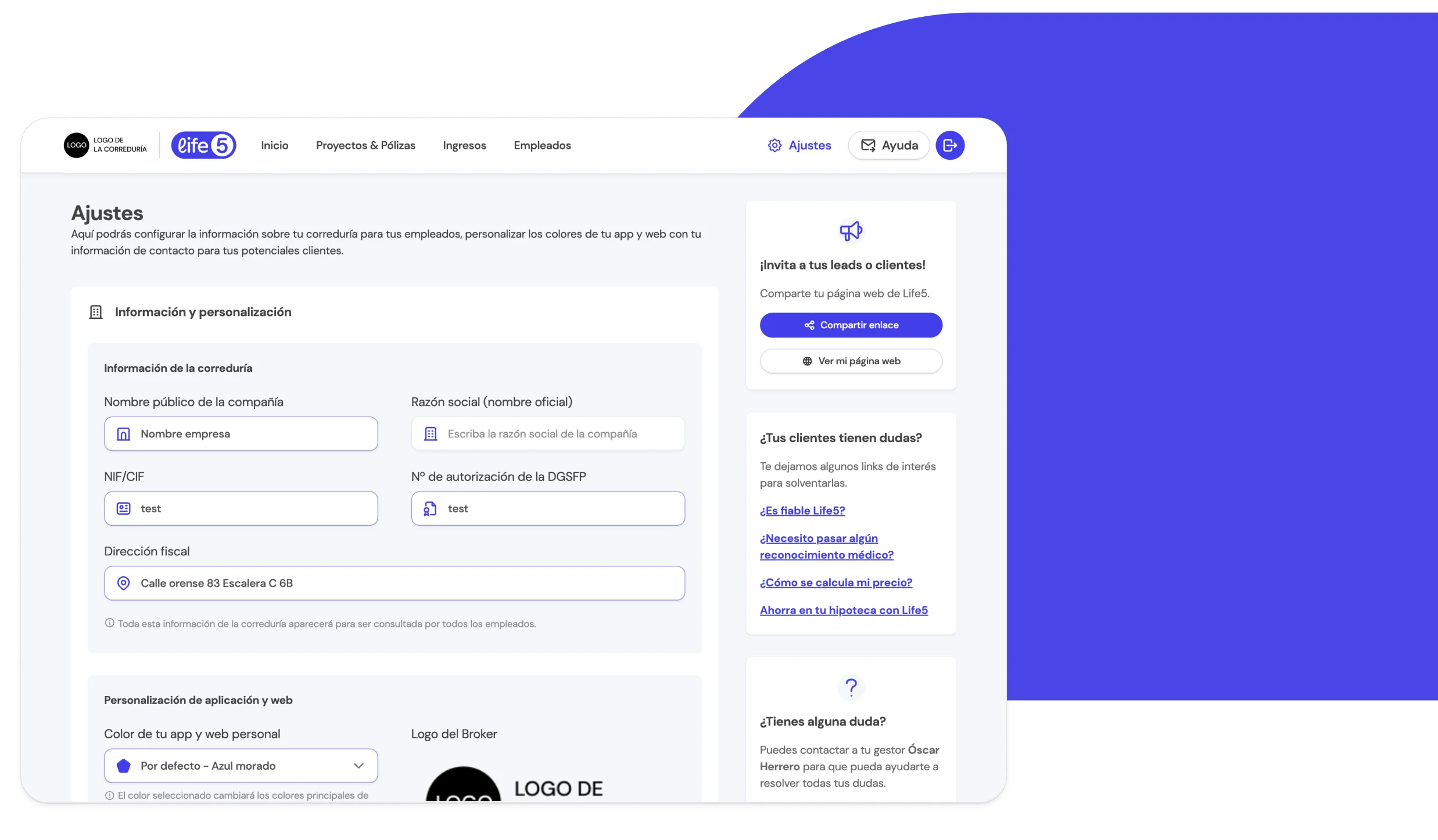 Interfaz de la BrokerApp de Life5 mostrando la sección de Ajustes para personalizar la experiencia del usuario.