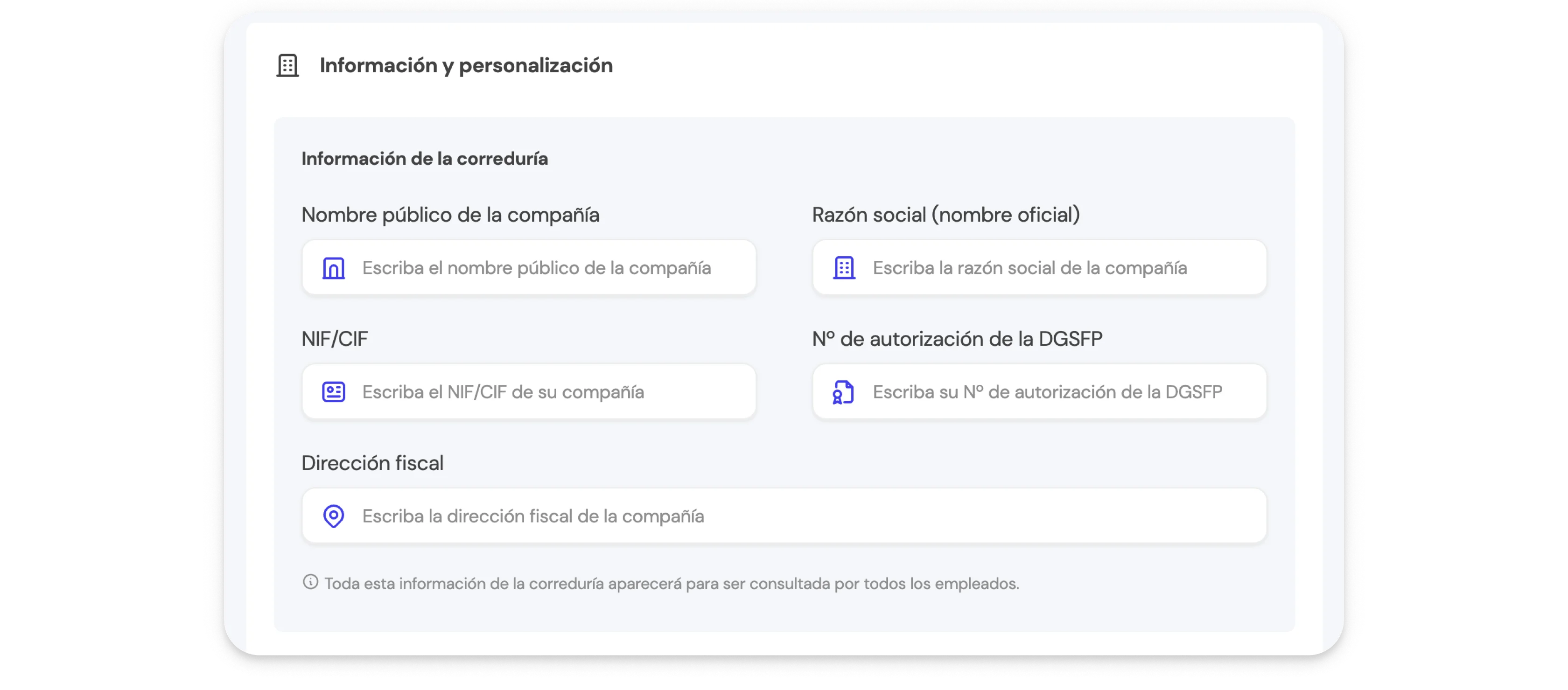 Paso 1: Rellena el formulario con la información de la correduría en la sección de Ajustes de la BrokerApp de Life5.