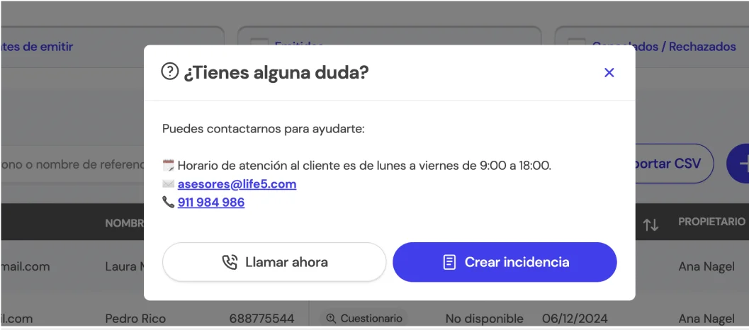Imagen representativa de creación de incidencias en la BrokerApp de Life5.