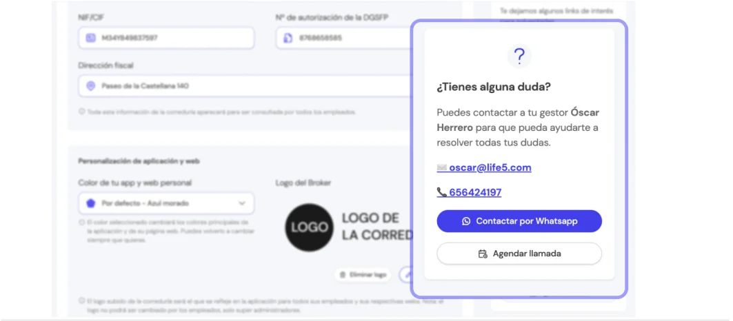 Otras opciones de ayuda en la Broker App de Life5: sección para contactar a tu gestor de cuenta y sección de preguntas frecuentes..