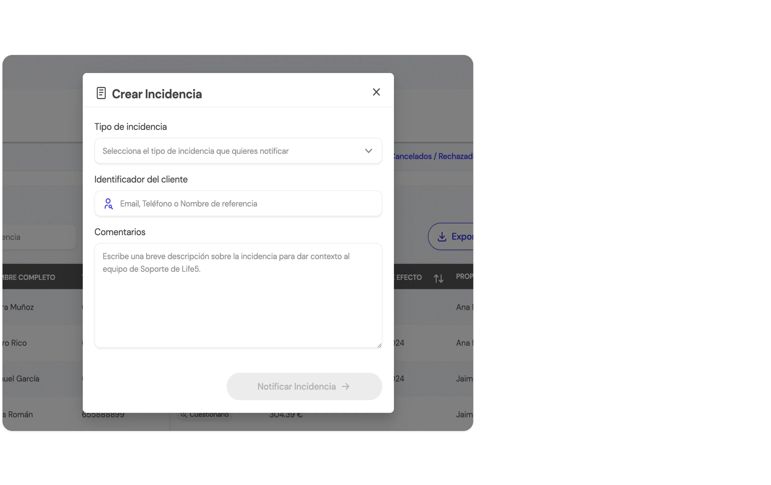 Formulario de creación de incidencias en la BrokerApp de Life5, permitiendo a los usuarios reportar problemas específicos.