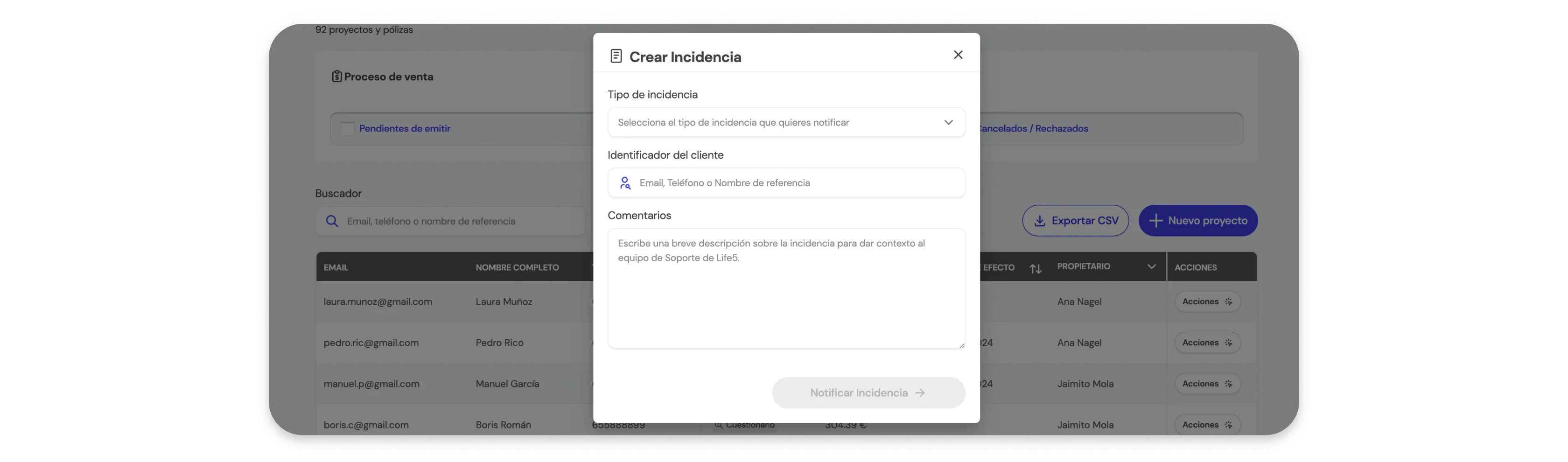 Paso 1: Haz click en el botón 'Crear/Notificar una incidencia' en la sección de Ayuda de la BrokerApp de Life5.