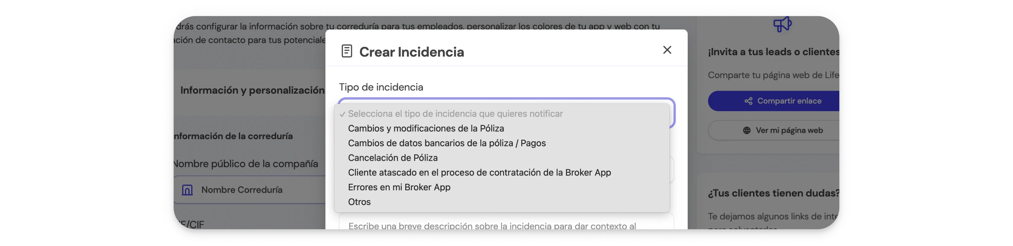 Paso 2: Selecciona el tipo de incidencia en el formulario de notificación de la BrokerApp de Life5.