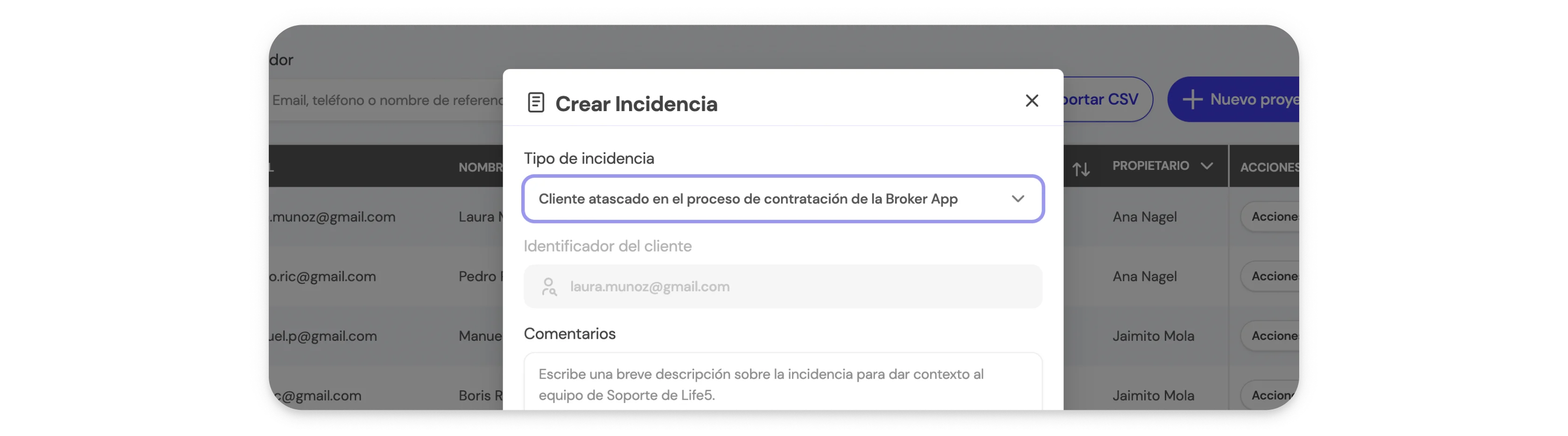 Paso 3: Escribe el identificador del cliente en el formulario de incidencia de la BrokerApp de Life5.