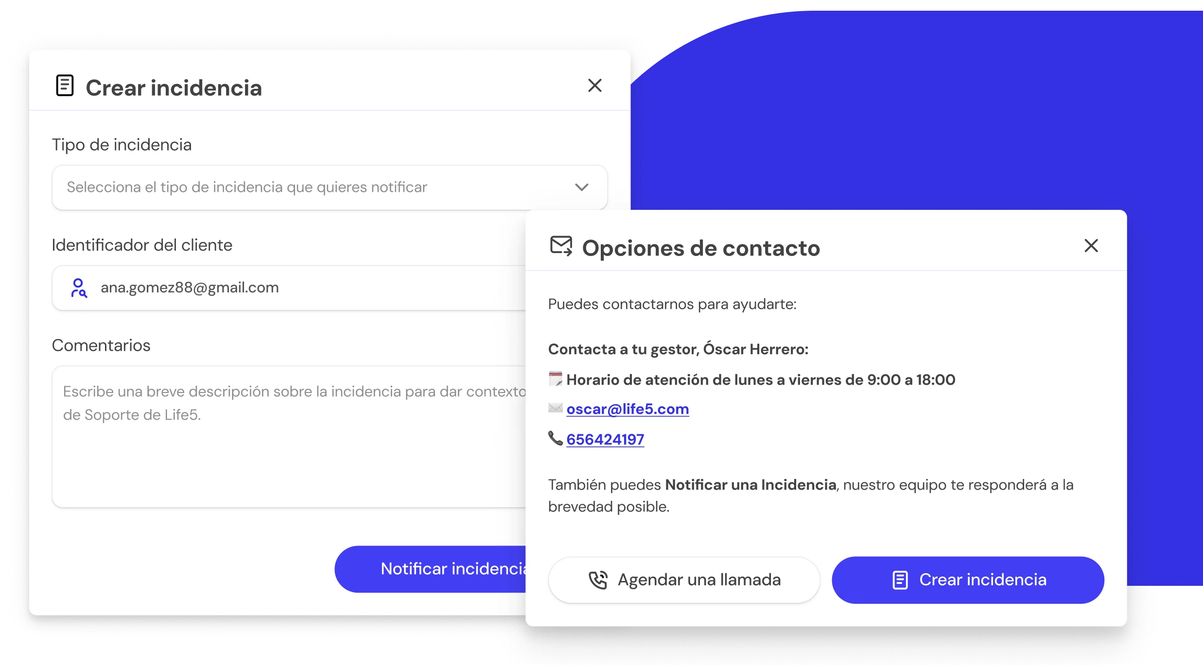 Interfaz de la BrokerApp de Life5 mostrando la sección de Ayuda con opciones de contacto y creación de incidencias.