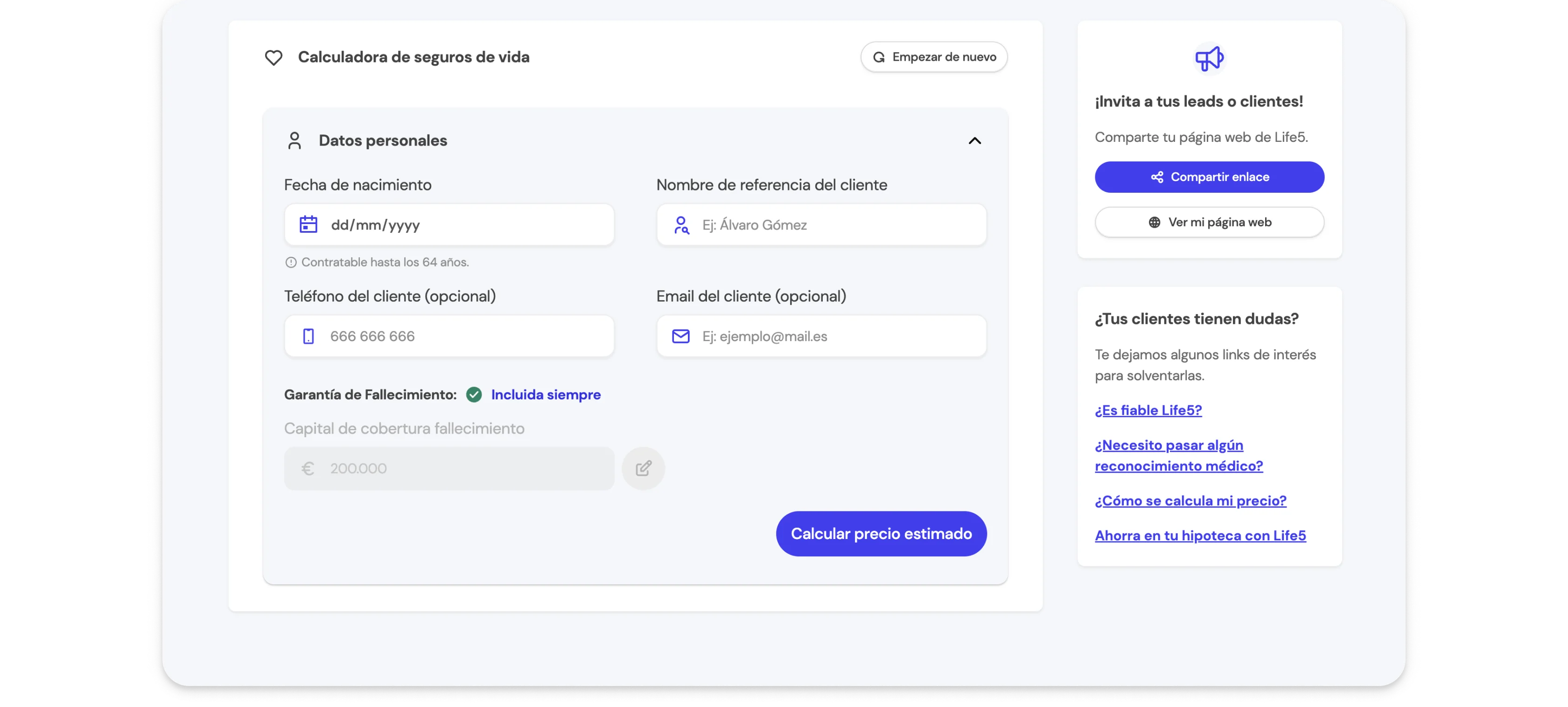 Formulario base de la Calculadora de Life5 para ingresar datos del cliente