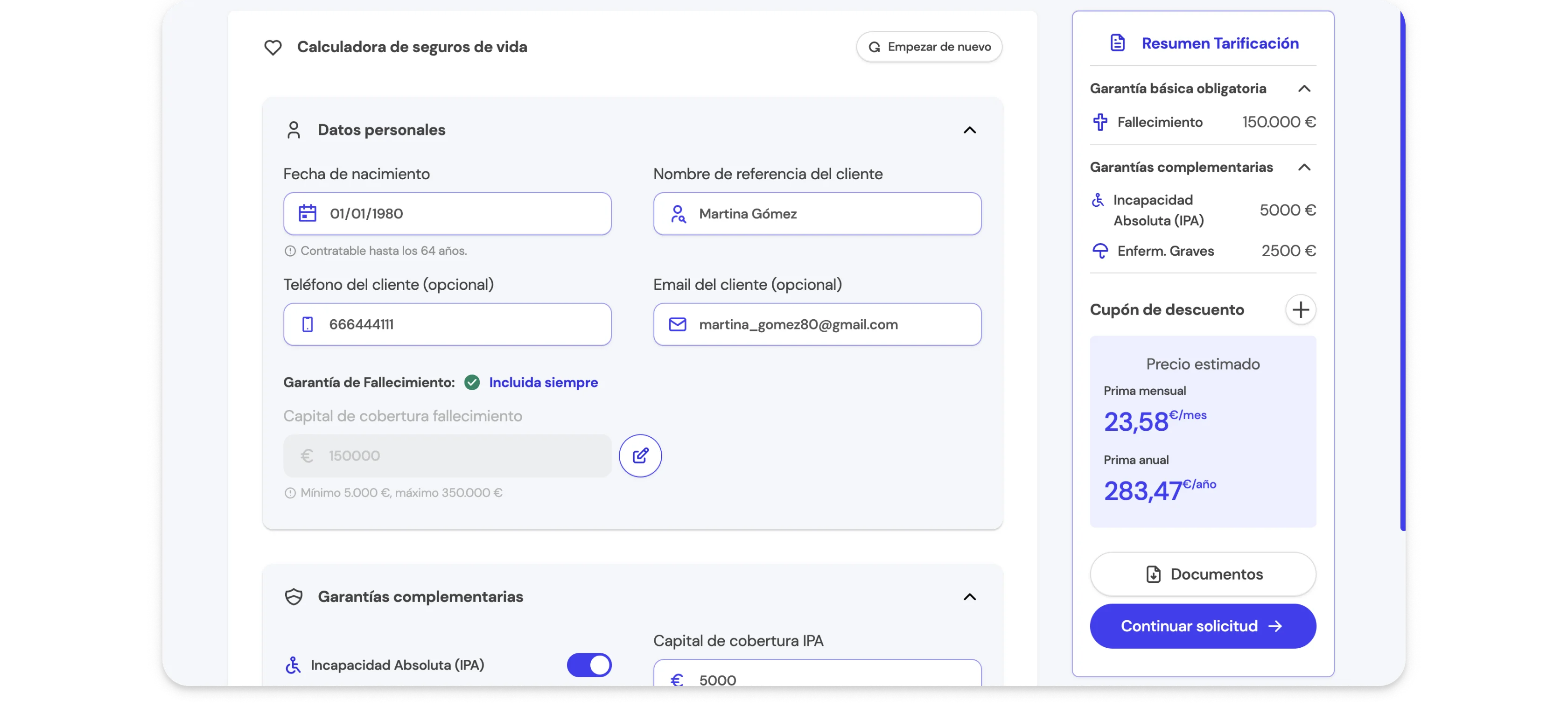Opciones de personalización de cotización en la Calculadora de Life5