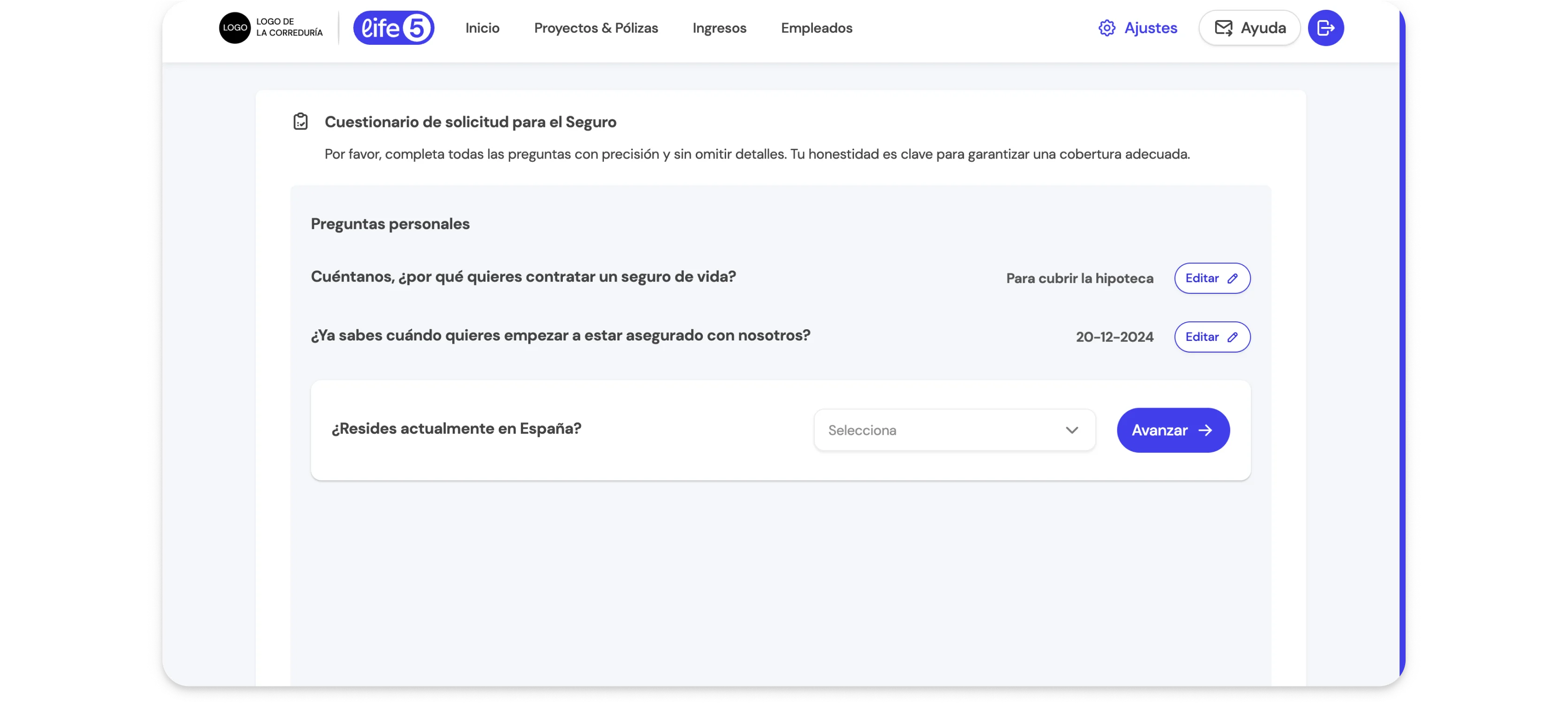 Pantalla de continuación de solicitud en la Calculadora de Life5