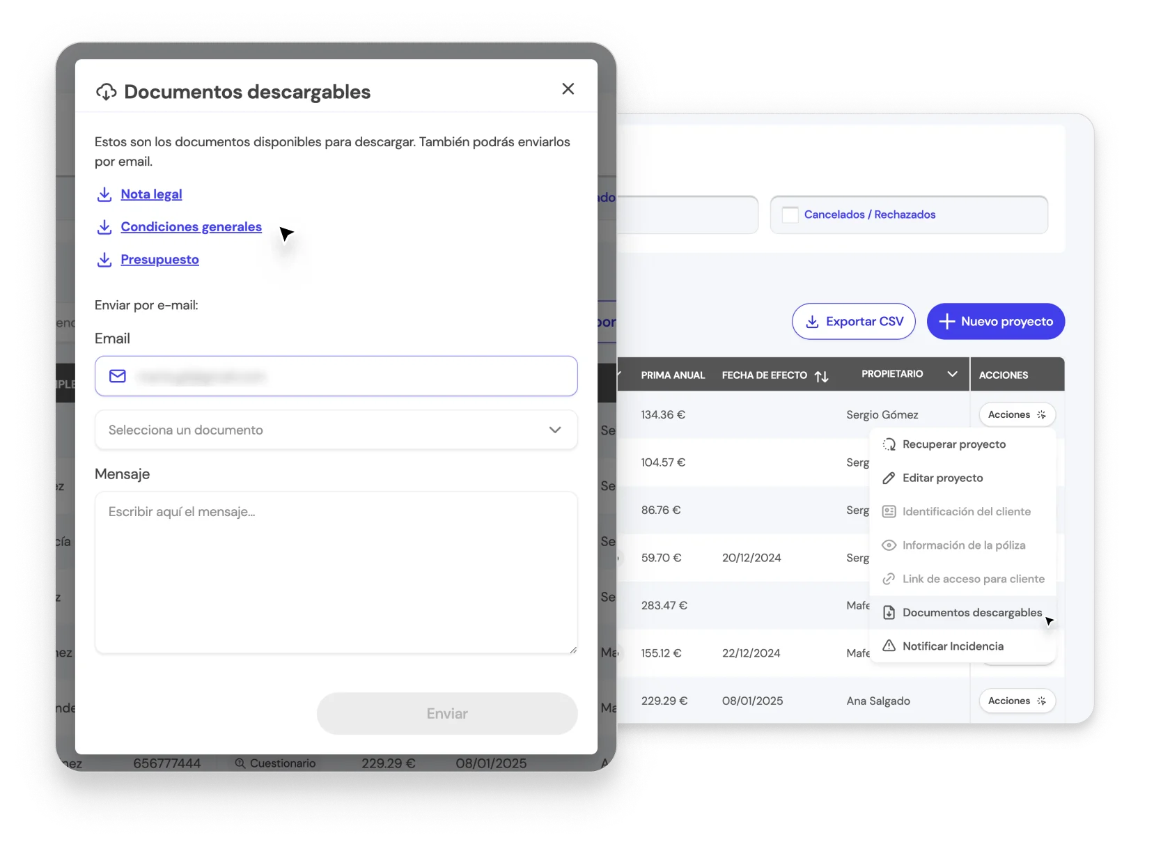 Paso 2: Descarga los documentos disponibles en modal, según el estado del cliente en la BrokerApp.