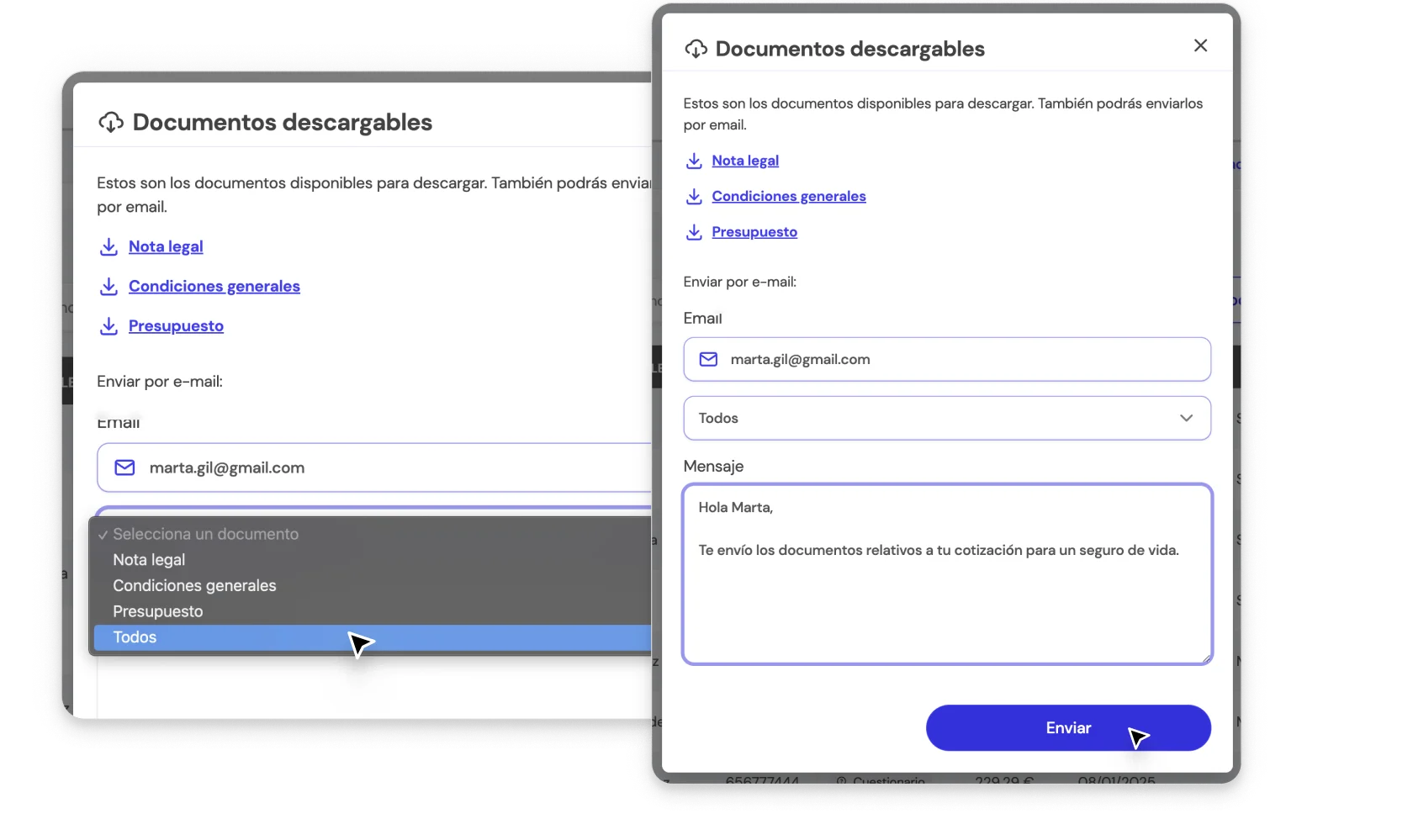 Paso 3: También podrás enviar documentos por correo electrónico al cliente desde la BrokerApp de Life5.
