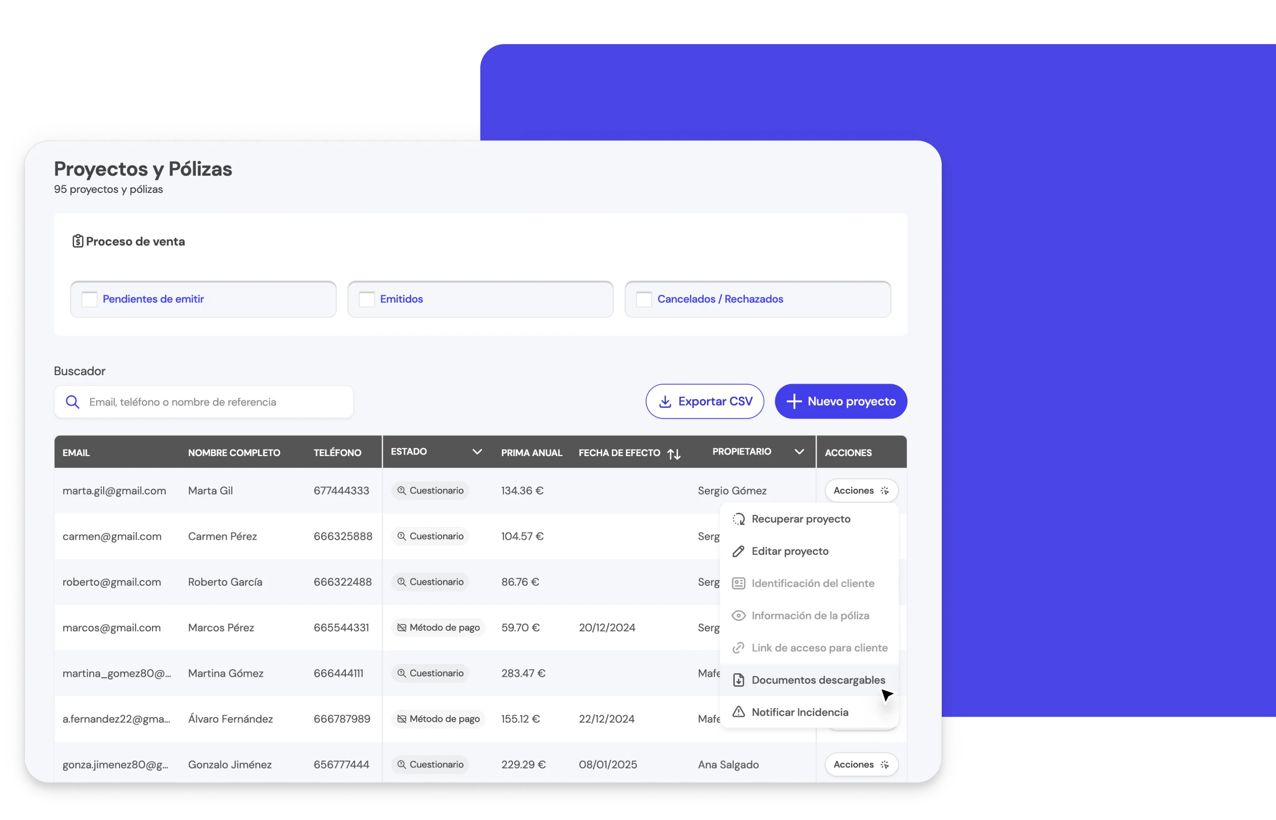 Interfaz de la BrokerApp de Life5 mostrando la opción de documentos descargables para proyectos y pólizas.