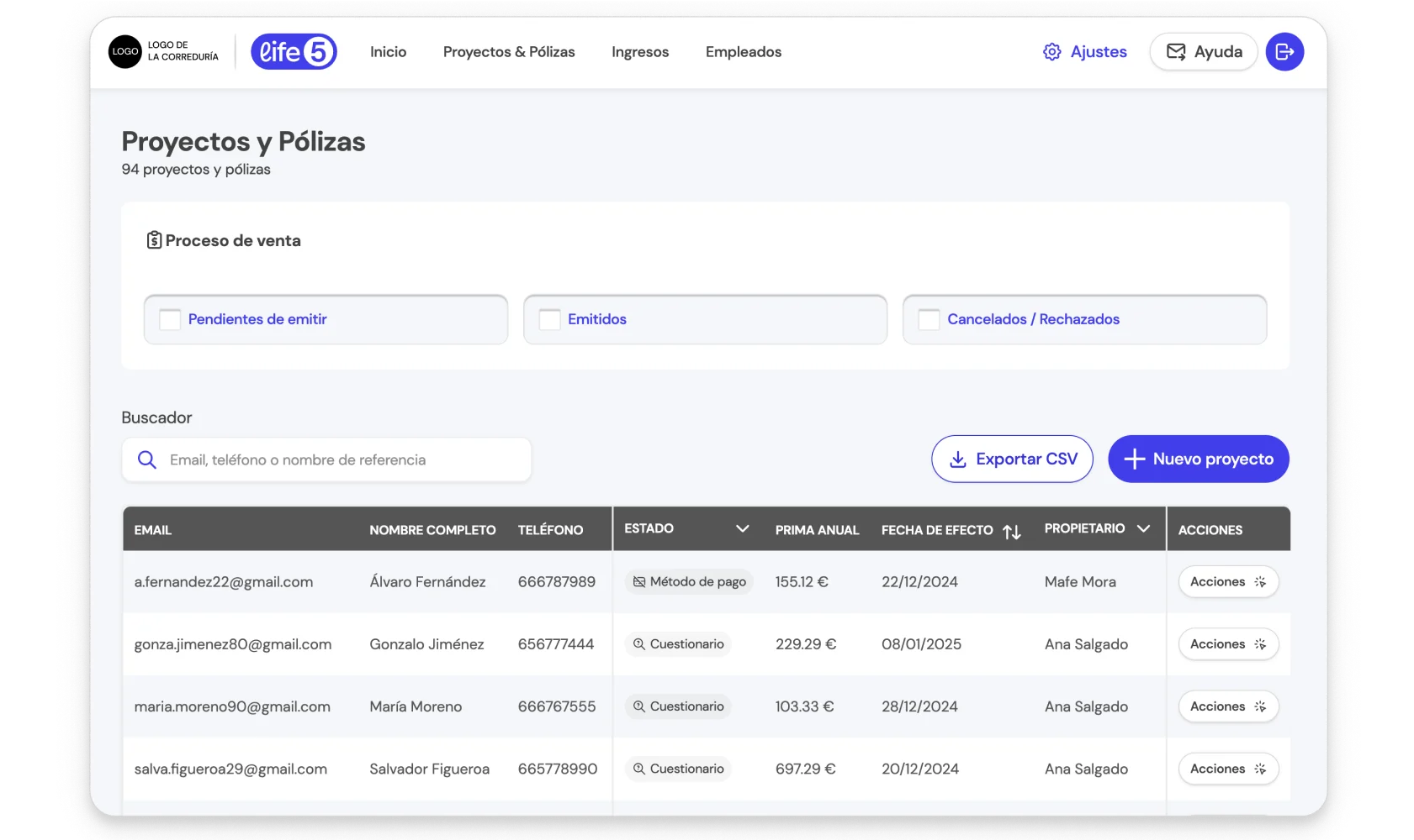 Paso 1: Ingresa en la página de Proyectos y Pólizas en la BrokerApp de Life5.
