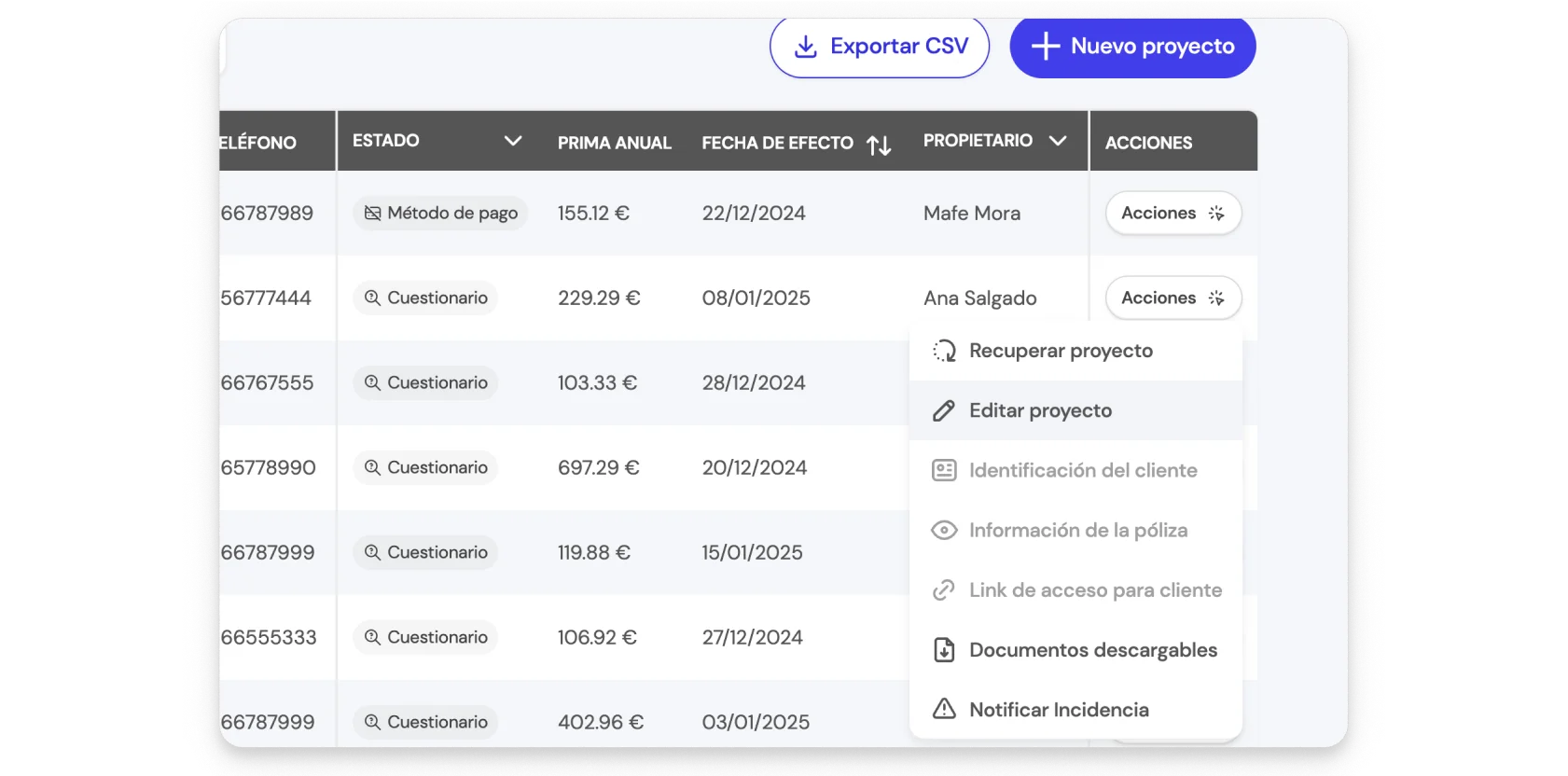 Paso 2: Localiza tu cliente y despliega el menú de Acciones. de la tabla.
