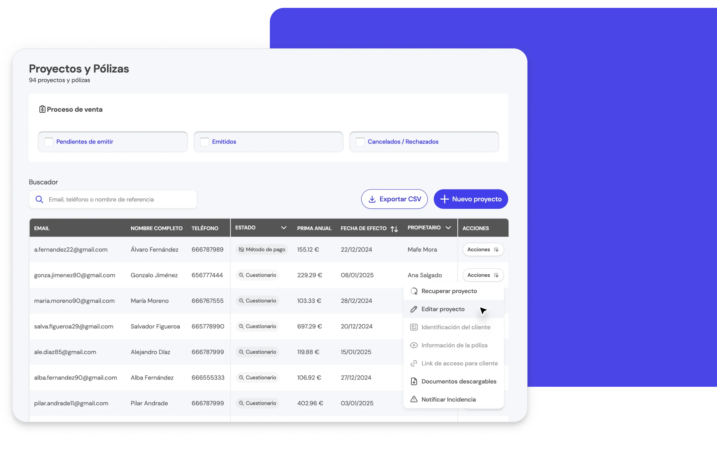 Interfaz de la BrokerApp de Life5 mostrando la opción para editar proyectos y ajustar pólizas a medida.