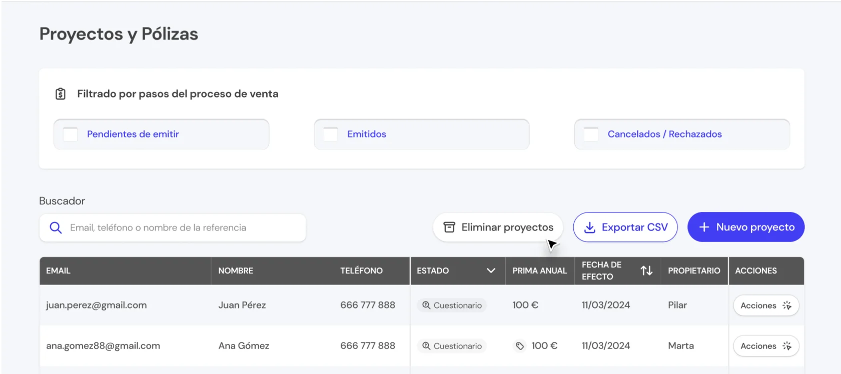 Imagen de página de proyectos ypólizas